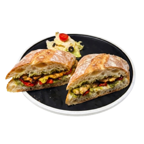 ساندویچ چاباتا مرغ گریل و پستو