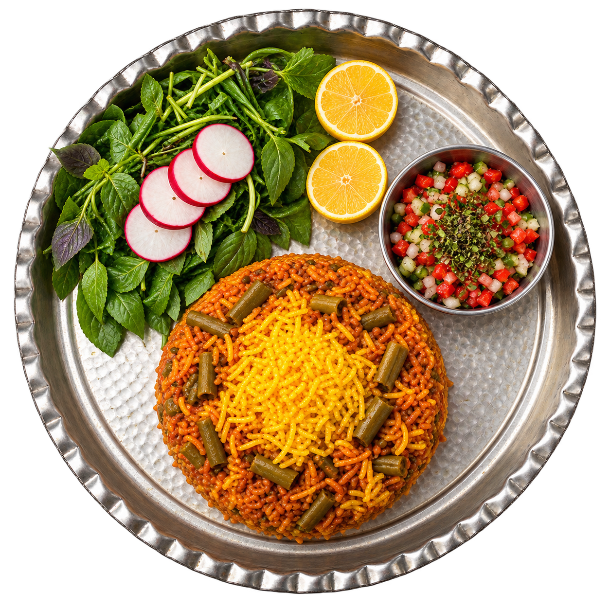 لوبیا پلو تهرانی با گوشت تکه‌ای و سالاد شیرازی