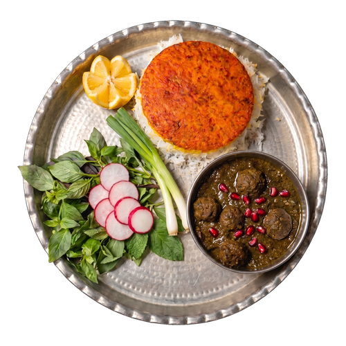 خورشت فسنجان با گوشت قلقلی و پلو ته‌دیگی