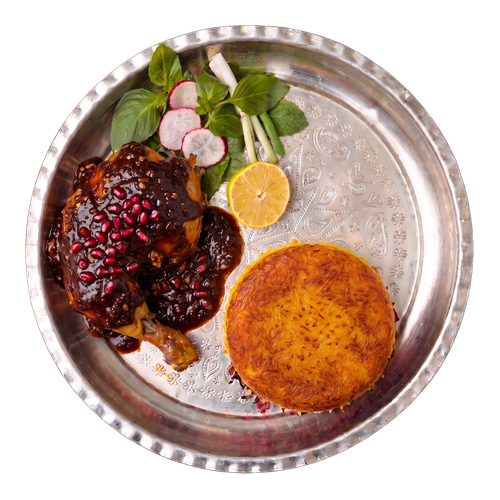 اکبرجوجه با سس ناردونی و پلو ته‌دیگی